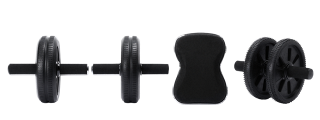 Photograph of four black dumbbells with textured rubber handles, side view, and front view.