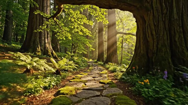 A serene forest path winding through towering trees, illuminated by golden sunlight streaming through the leaves, with vibrant flowers lining the stone pathway, evoking tranquility