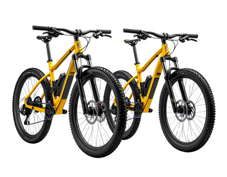  - Yellow and black 29er mountain bike set, full side profiles, isolated white 