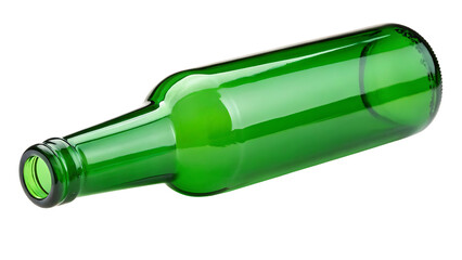 Glossy emerald green glass bottle, lying horizontally, cutout, PNG isolated on white or transparent background