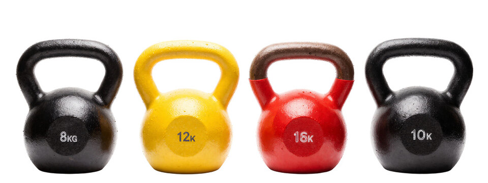 Four kettbell-shaped weights, side by side, with black, yellow, red, and black handles. Each has a weight marking: 8kg, 12kg, 10kg.