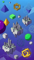 Vibrant 3D cityscapes and geometric shapes in modern digital landscape