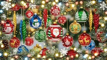 Festive Christmas scene with ornaments, lights, and snowflakes, colorful holiday wallpaper, cheerful atmosphere.