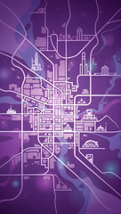 Vibrant purple city map with white lines and buildings