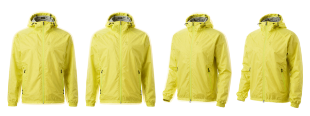 Photograph of four yellow hooded jackets, lined with gray fleece, displayed , showing front view.