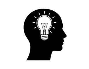 A bright glass lightbulb glows inside a human head vector icon to symbolize a creative business idea, innovative brain power, and a smart electric solution for modern design and thinking