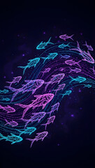 Vibrant school of neon fish swimming in wave formation