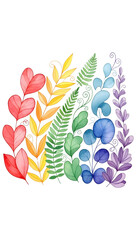 Vibrant colorful leaves and ferns in rainbow hues on white