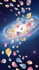 Vibrant petals float around a stunning galaxy in deep space