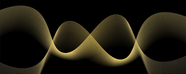 Vector wave lines smooth flowing dynamic gold gradient light isolated on black background for concept of luxury, technology, digital, communication, science, music