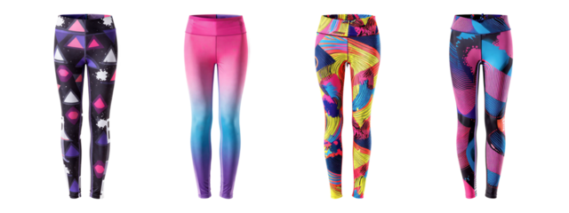 Four pairs of colorful yoga pants, each with different patterns: geometric shapes, gradient pink to blue, vibrant zigzags, and abstract designs.