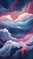 Vibrant cosmic clouds in starry night sky with pink and blue hues