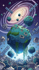 Vibrant alien planet with lush flora and satellites in space