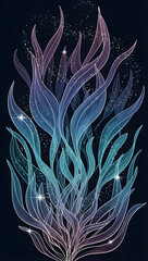 Vibrant purple and blue seaweed illustration with sparkling stars