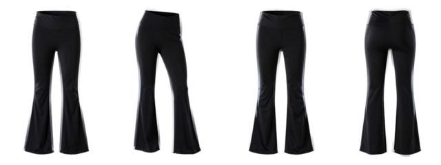 Four pairs of black, high-waisted, flared pants, displayed from front and back views, against a plain.