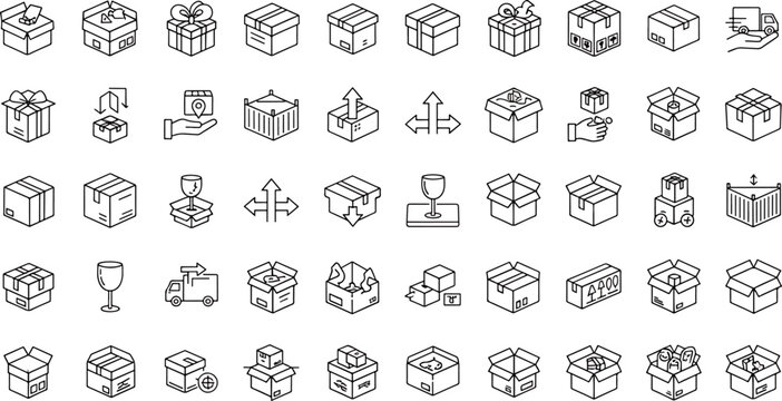 Set of various package and box icons representing shipping, delivery, and logistics services, including gift boxes.