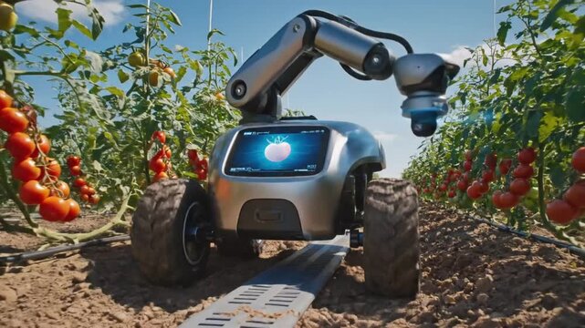 A robotic arm is picking tomatoes in a modern agricultural video setting with advanced technology agriculture farming video