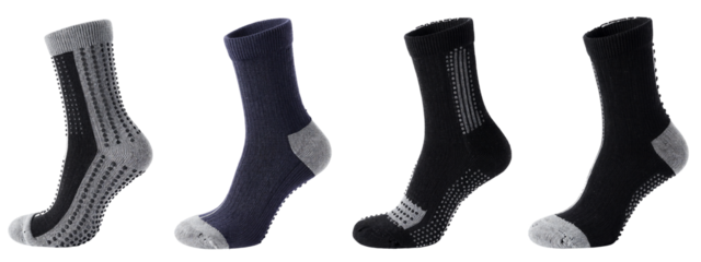 Four knitted socks, each in different colors (gray, dark blue, black with white stripes, solid black), displayed standing upright.