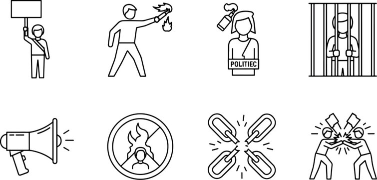 Set of protest and social issues icons, including a protester with a sign, a Molotov cocktail, jail bars, a megaphone, and a broken chain