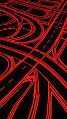 Complex highway interchange system with red roads on black background