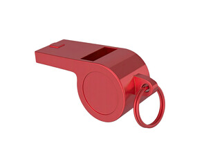 A red whistle with a cord isolated on a white background serves as a symbolic piece of soccer equipment for a referee or coach to signal authority and judgement during a football game