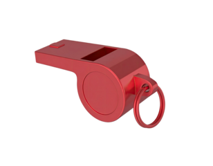 A red whistle with a cord isolated on a white background serves as a symbolic piece of soccer equipment for a referee or coach to signal authority and judgement during a football game