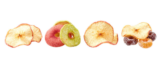 Photograph of six dried fruit slices, including red apple, green apple, and mixed berries, arranged in a horizontal line.