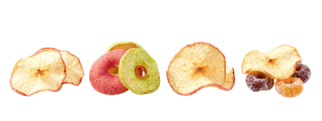 Photograph of six dried fruit slices, including red apple, green apple, and mixed berries, arranged in a horizontal line.