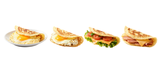 Four photos of sandwiches : one with scrambled eggs, one with scrambled eggs and cheese, one with tomatoes and cheese, and one with ham and cheese.