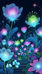 Vibrant neon flowers bloom in magical nighttime garden scene