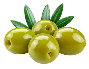 Obraz premium - Fresh green olives with olive leaves, realistic food cutout PNG 