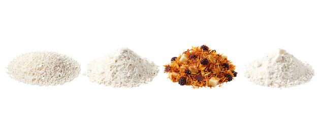 Four small piles of spices . Left to right: white rice-like grains, white powdery substance, orange spice with small dark brown pieces, white powdery substance.