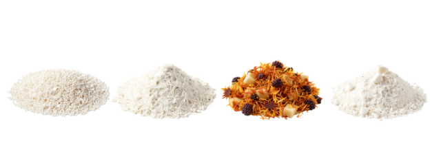 Four small piles of spices . Left to right: white rice-like grains, white powdery substance, orange spice with small dark brown pieces, white powdery substance.