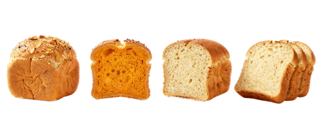 Four slices of whole grain bread, each with different textures: crusty, porous, dense, and soft.
