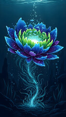 Vibrant underwater flower blooms in dark ocean with glowing center