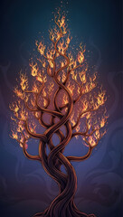 Flaming tree with twisted branches on dark background