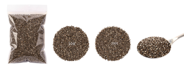 Photograph of a transparent plastic bag filled with black and white chia seeds, three round piles of chia seeds, and one pile on a white spoon.