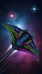 Vibrant spaceship soaring through starry galaxy with neon lights