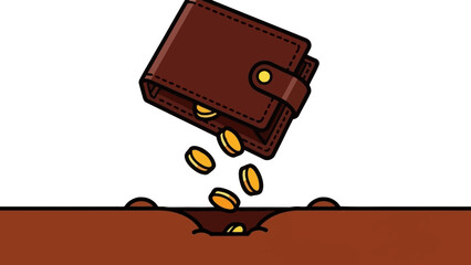 Coins spilling from a wallet into a hole in the ground