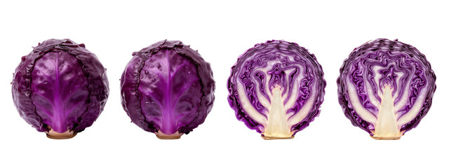 Four purple cabbage halves in a row, showing different stages of cutting: whole, partially cut, revealing inner structure, and fully cut.