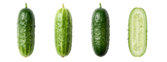Photograph of four cucumbers, each displaying different views: whole with water droplets, whole with green stripes, whole with dark green skin, and sliced revealing white interior with seeds.