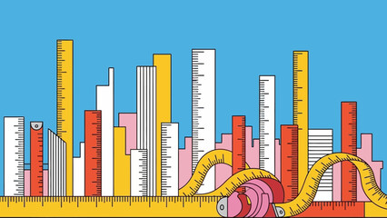 Measuring the height of colorful city buildings with a giant yellow tape measure against a blue sky