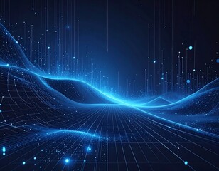 A digital landscape glows with blue light. Flowing lines and particles create a futuristic scene. Data streams upward