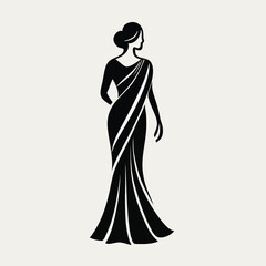 Elegant Modern Saree Woman Silhouette Logo Design, Minimal Fashion Vector Icon Isolated on White Background 