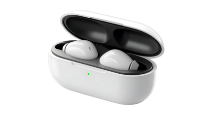White wireless earbud charging case, with open lid and earbuds inside, cutout, PNG isolated on white or transparent background