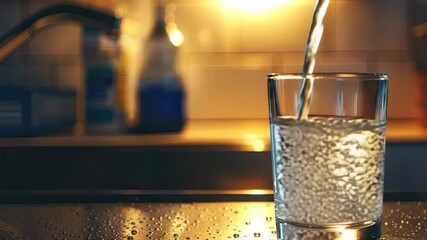 water pours into a glass from the tap. selective focus