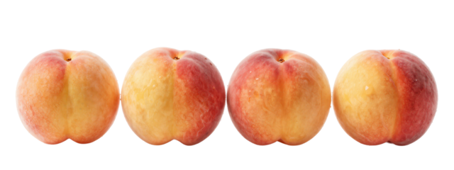Four ripe peaches, side by side. Each peach is round with a mix of yellow and red skin, slightly textured, and has a small dimple at the top.