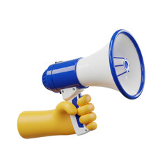 oversized, stylized cadmium yellow 3d hand grasping a detailed sapphire blue and white megaphone in a clean, high-impact studio setting. concept of bold public announcement