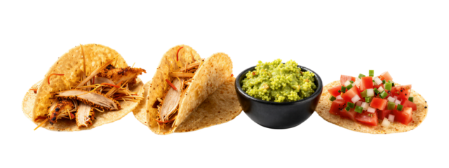 Photograph of four tacos, left to right: chicken taco with crispy skin, chicken taco with visible meat, guacamole in black bowl, salsa with diced tomatoes and onions.