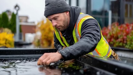 Worker performing outdoor maintenance under rainy conditions demonstrating allweather upkeep to ensure continuous system reliability.